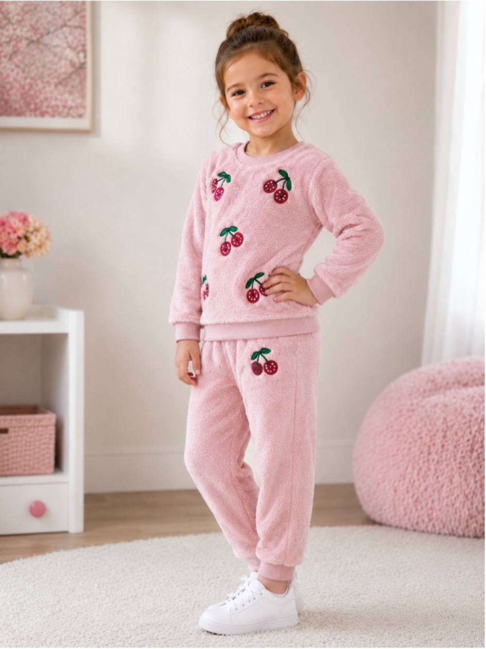 Derek Heart Girls Pink Cherry Sequin Sherpa Fleece Sweatshirt & Jogger Set - Picture 2 of 12